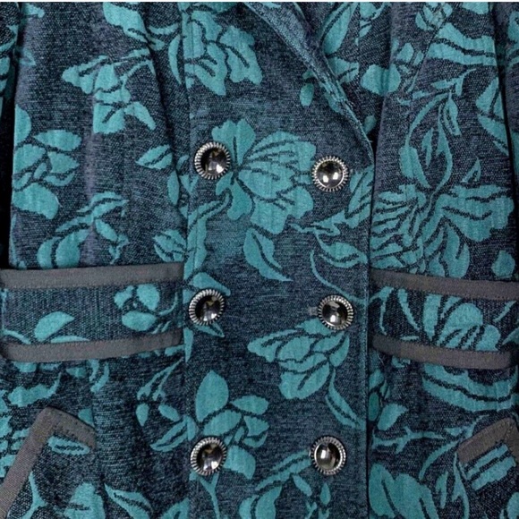 Anthropologie Elevenses Teal Floral Brocade Ruffled Victorian Velvet Peacoat 4 - Picture 5 of 9